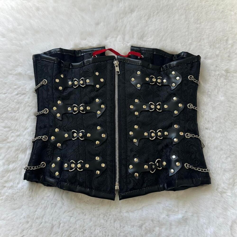 Steel Boned Corset Size 24 Black Red Lace Up Chain Steampunk Gothic Medieval - Picture 2 of 8